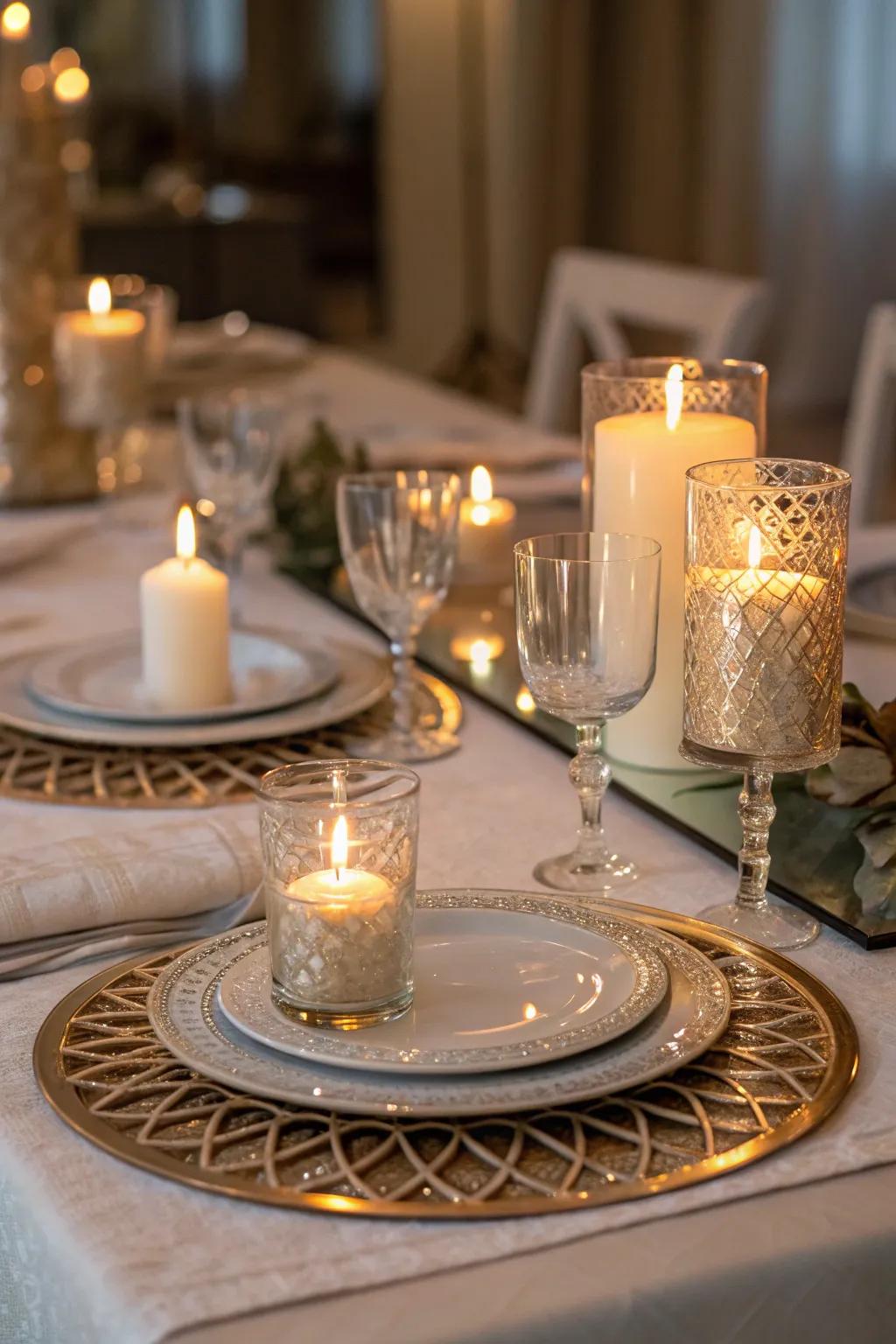Reflective surfaces beneath luminaries produce a captivating reflective phenomenon.