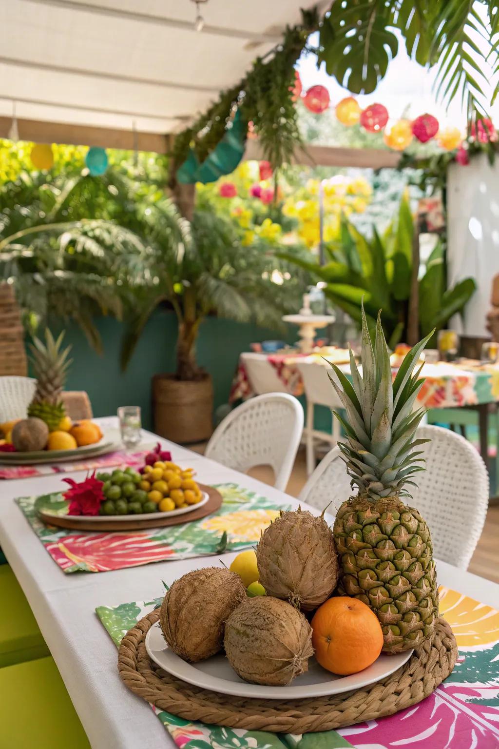A tropical table arrangement featuring brilliant shades and exotic fruits.
