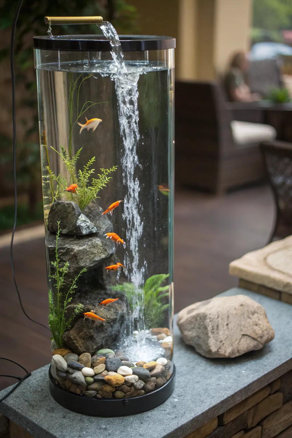 A tall aquarium featuring a tranquil zen cascade.