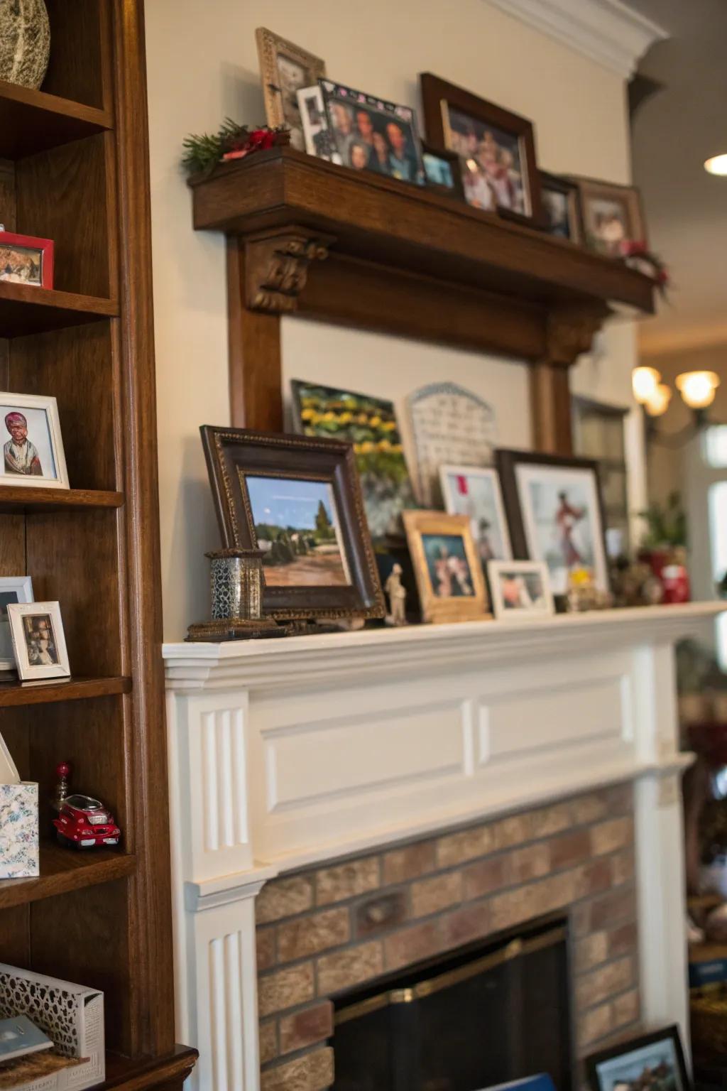 An elevated mantel featuring a showcase of individual collections and mementos.