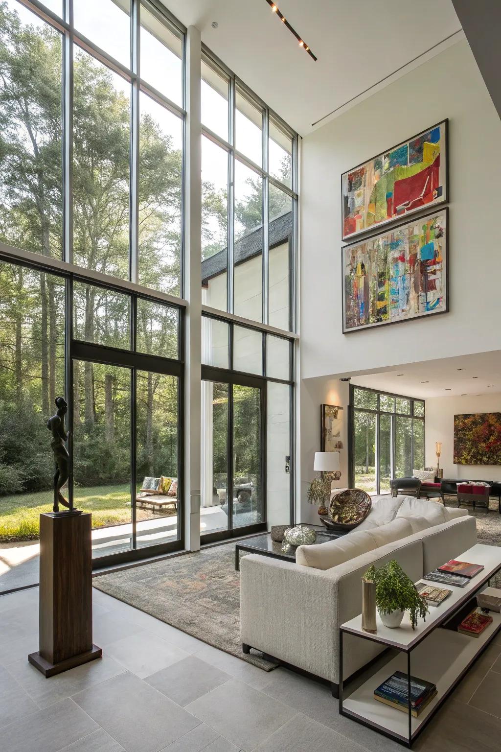 Artistic installations that frame towering windows beautifully.