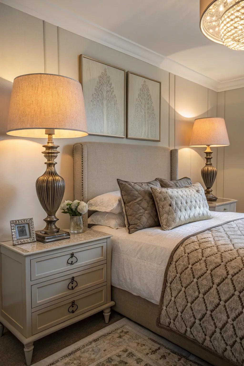 Greige and grey lamps supplying ambient illumination.