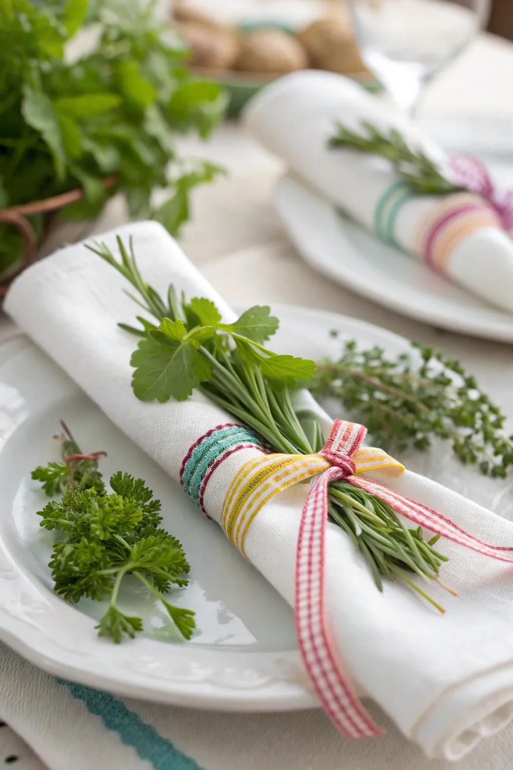 Handcrafted fabric wraps add a personal and elegant touch.