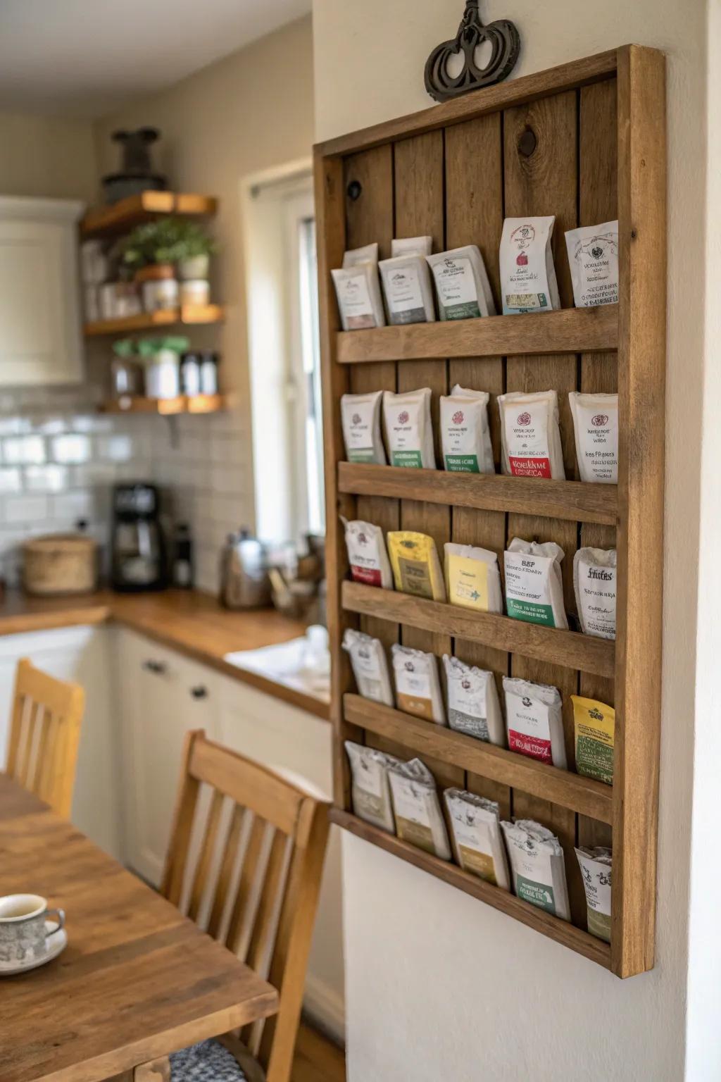 A repurposed essence rack for tea safekeeping.