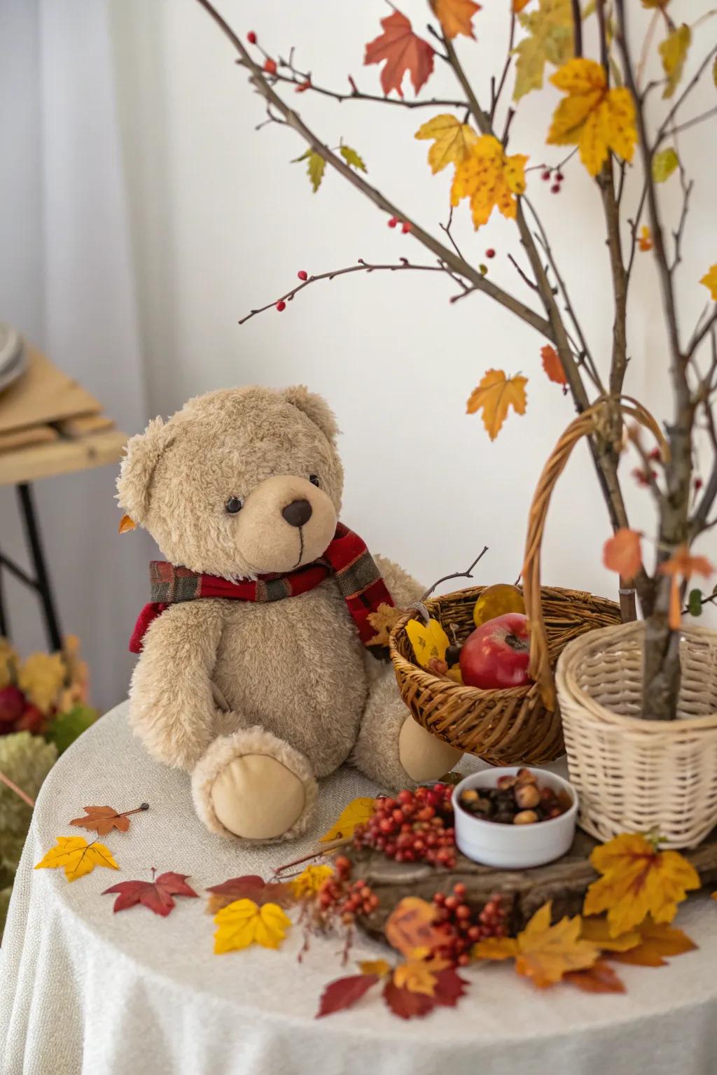 Seasonal themes enrich a stuffed bear centerpiece.