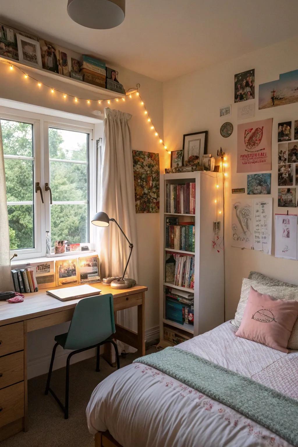Layered lighting enhances room ambiance.