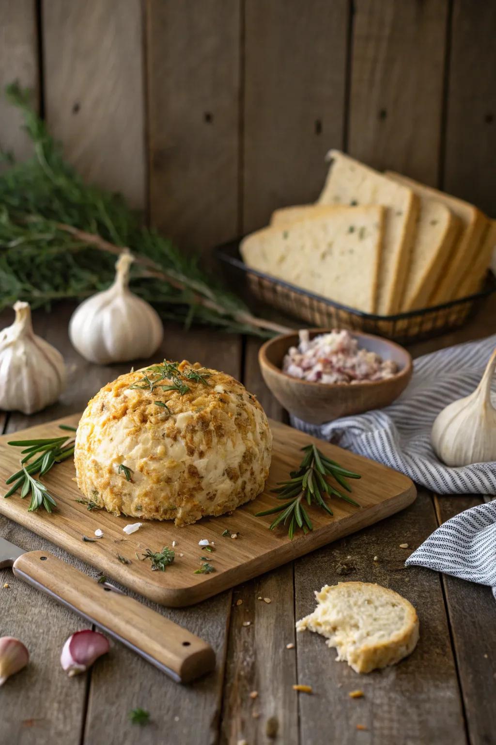 Caramelized onion and garlic cheese ball for gourmet taste.