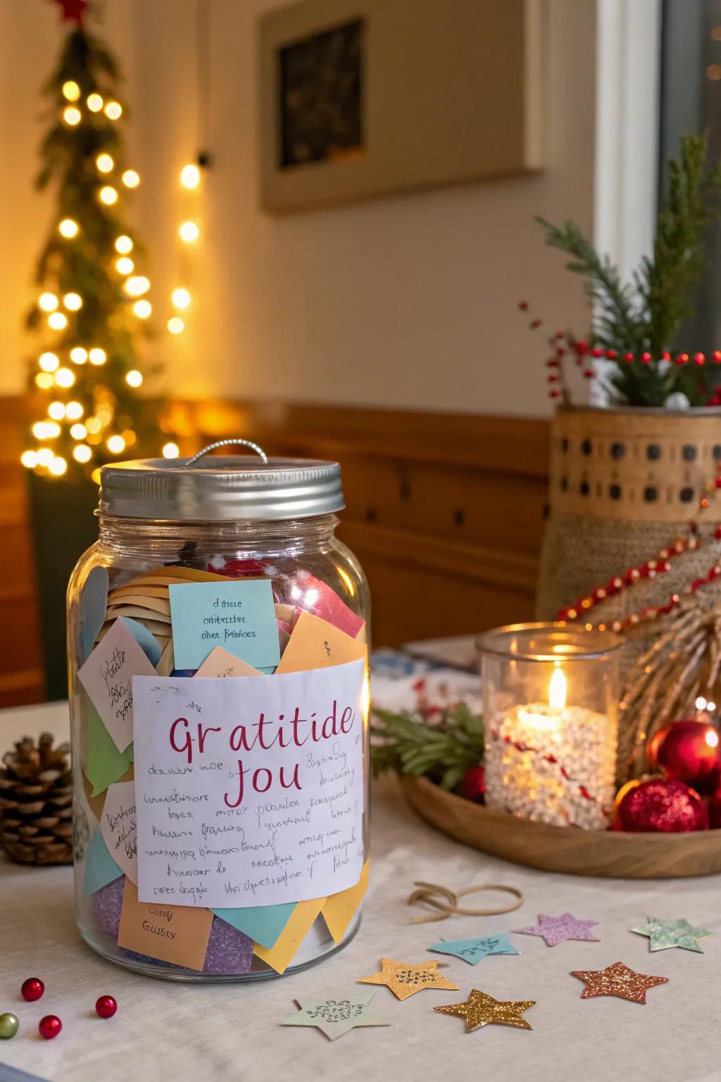 A gratitude jar filled with reflections and thanks.