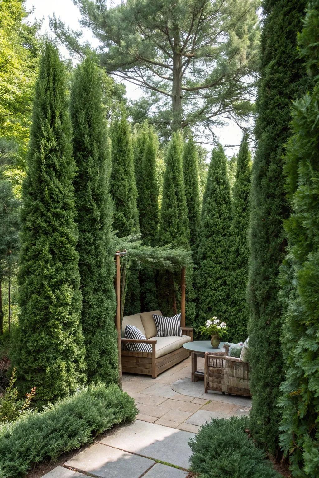 Unwind in a private garden corner encircled by Arborvitae.