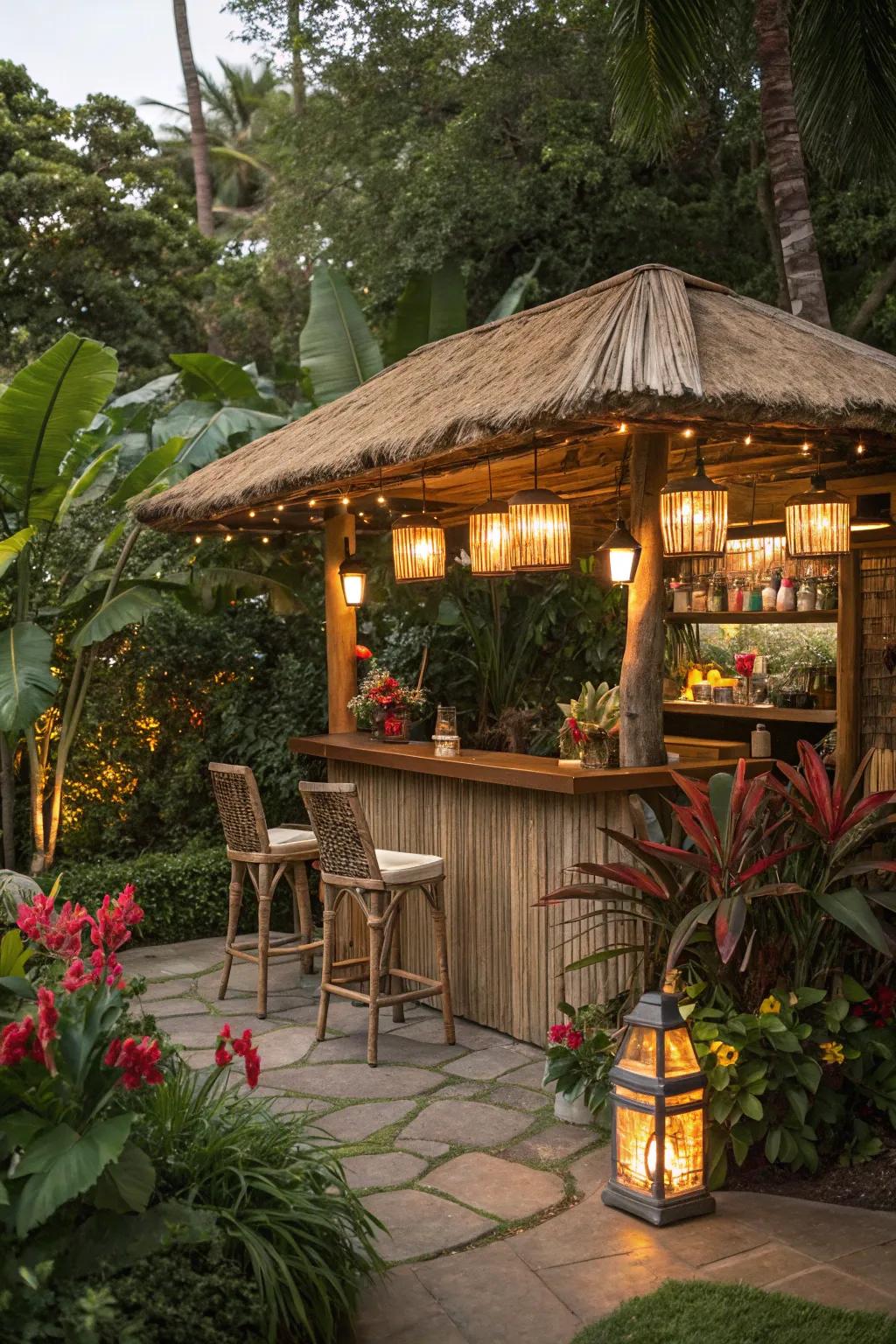 Interwoven rattan roofs append a polished, textured allure.