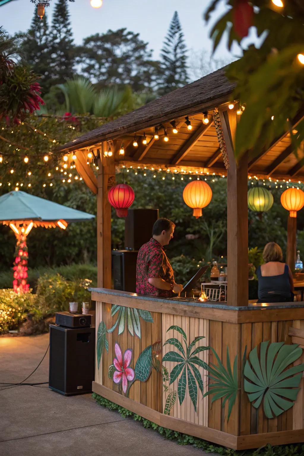 Island tunes complete the tiki bar ambiance.
