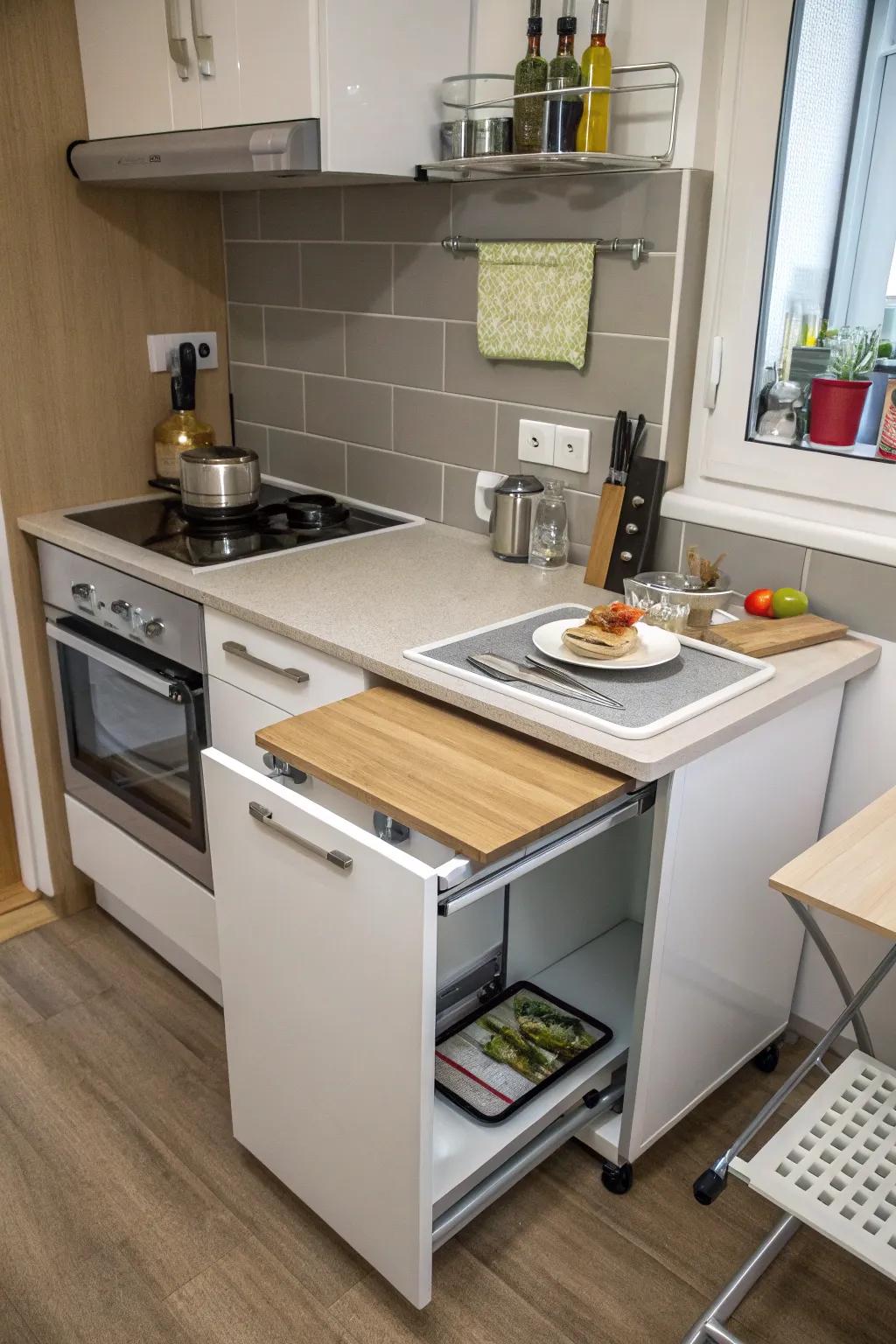 Extendable countertops proffer practical workspace solutions within a compact kitchen.