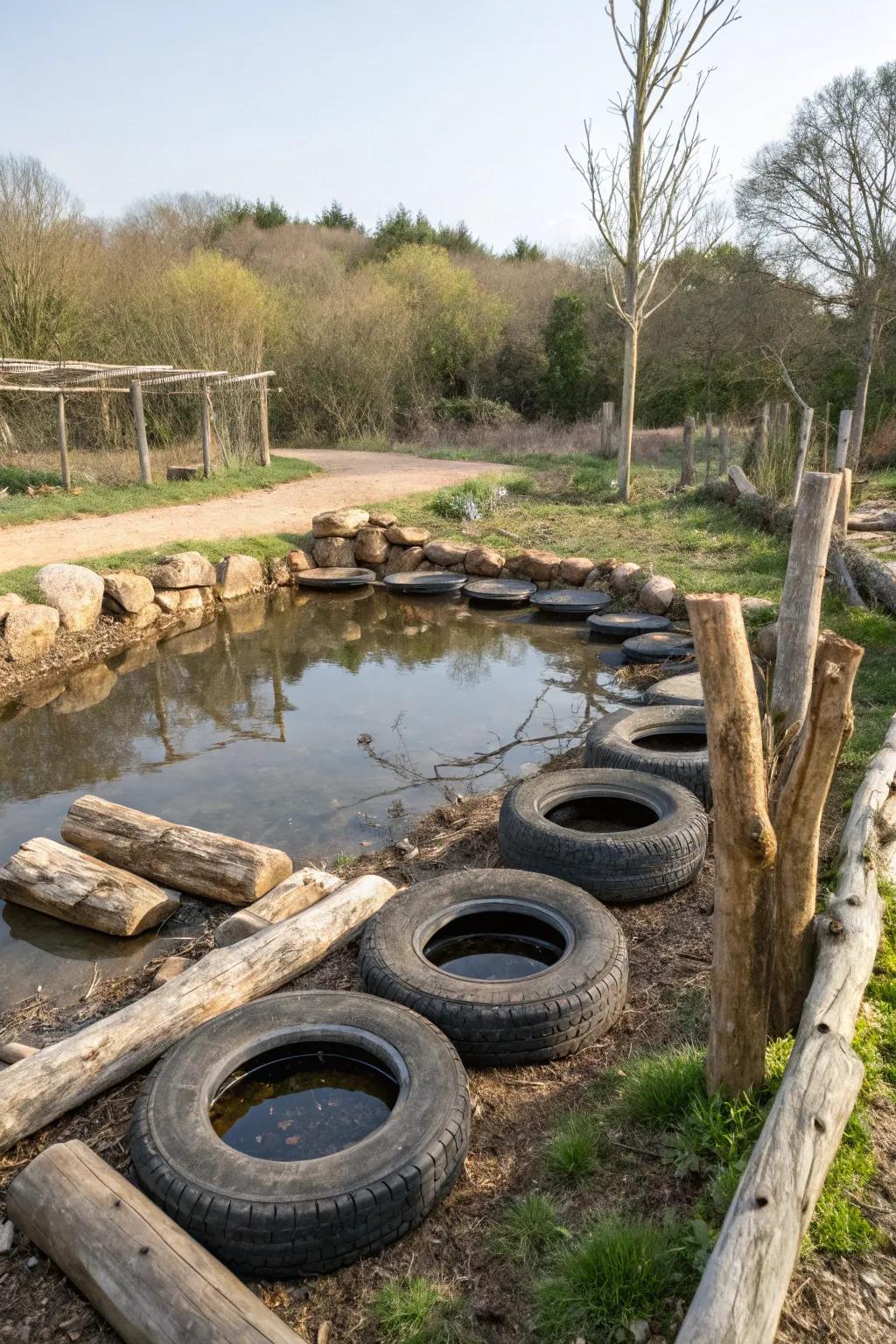 A tire water pond featuring rustic log accents, cultivating a sylvan ambiance.