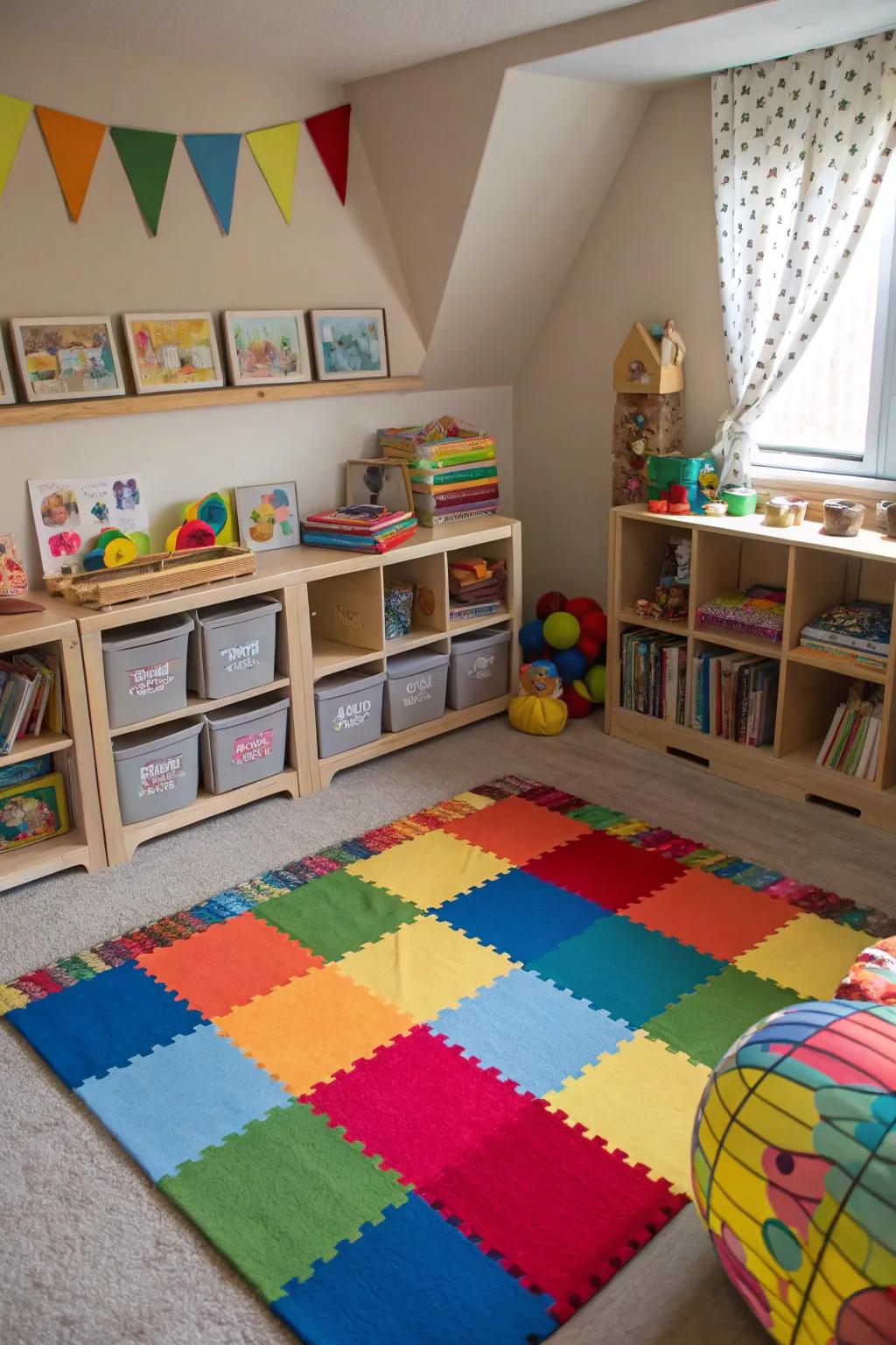 Rugs help define functional spaces in the room.