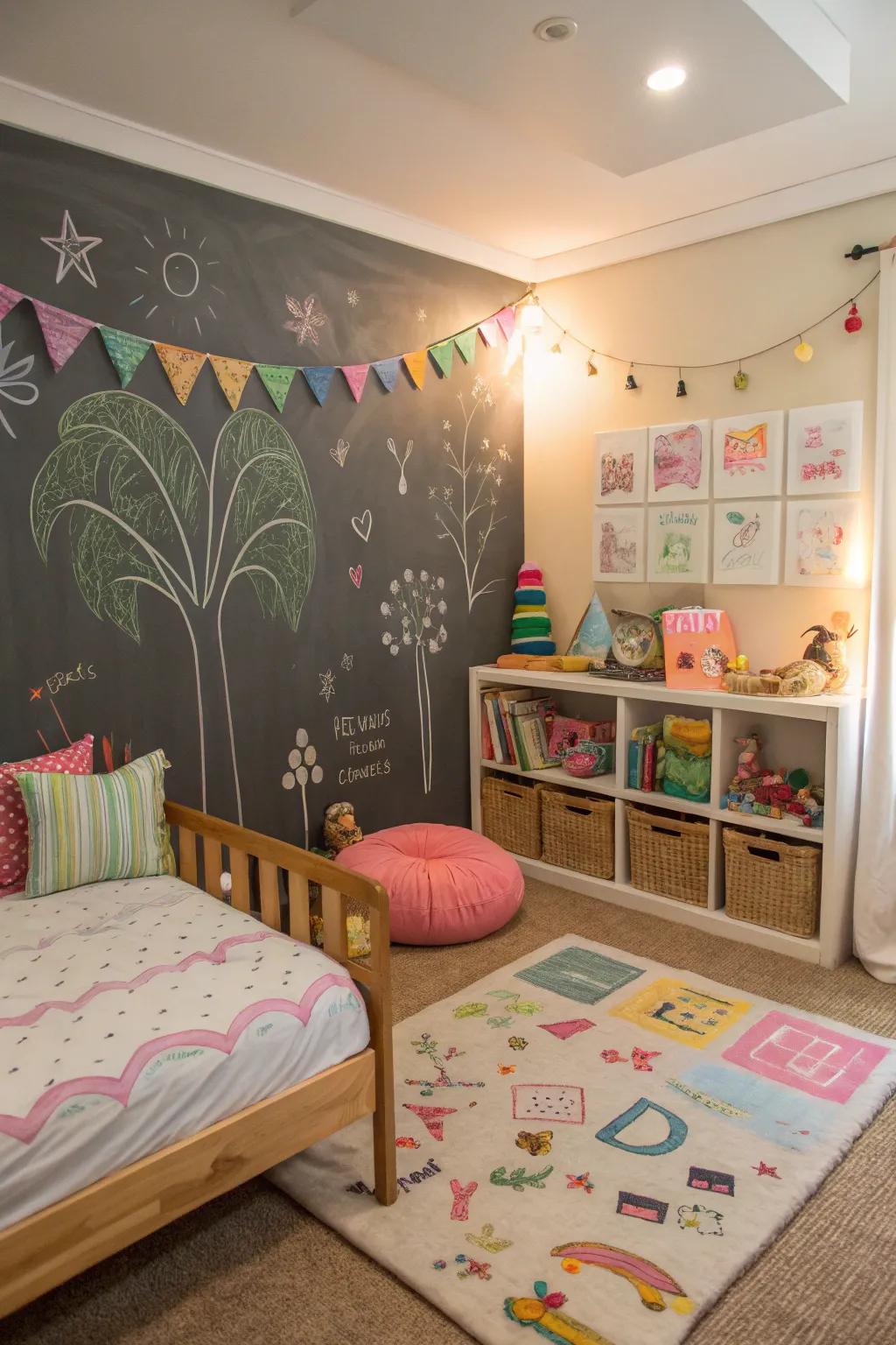 A chalkboard wall surface provides unlimited chances for imagination and fun.