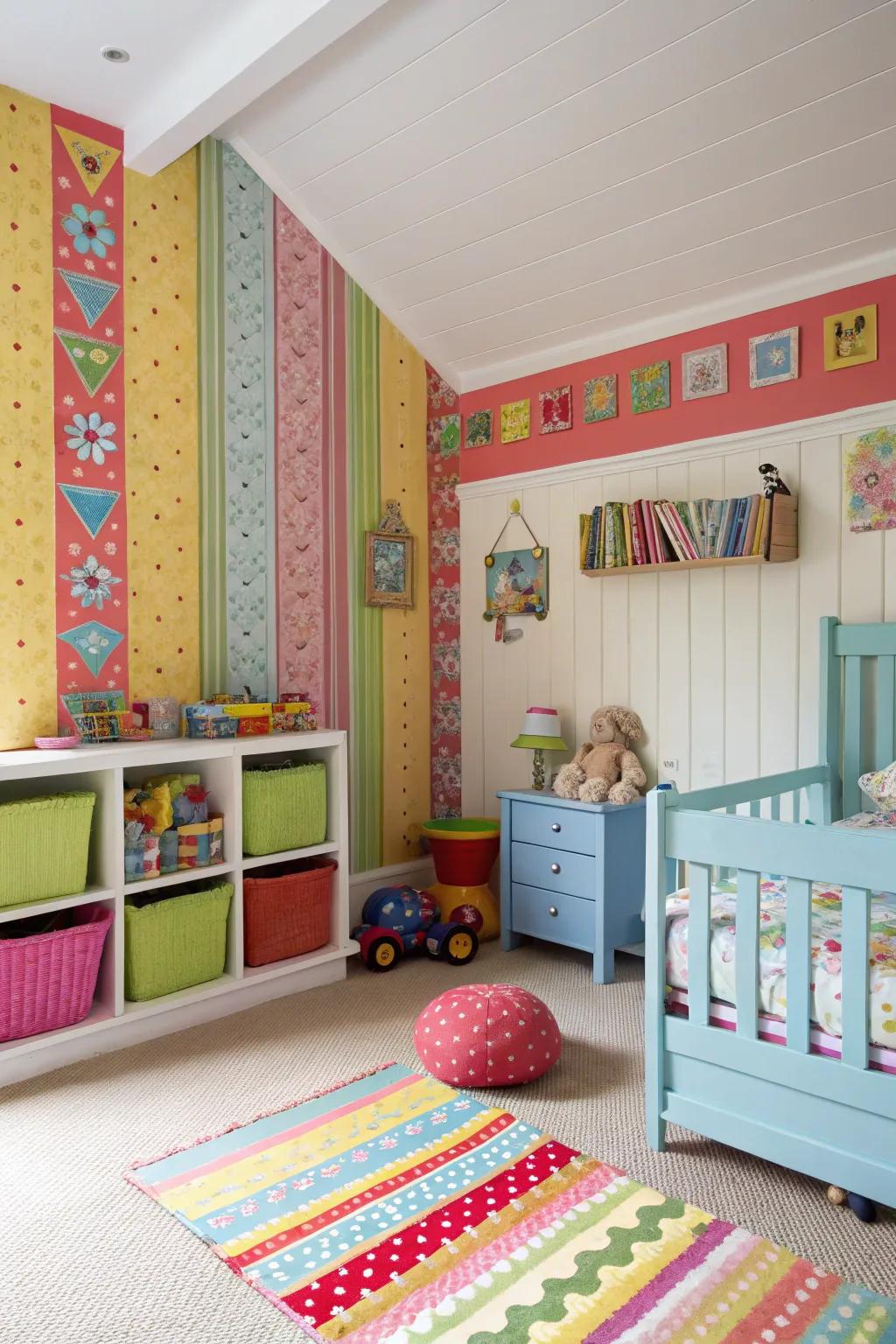 Colored plank walls create a lively kids' room.