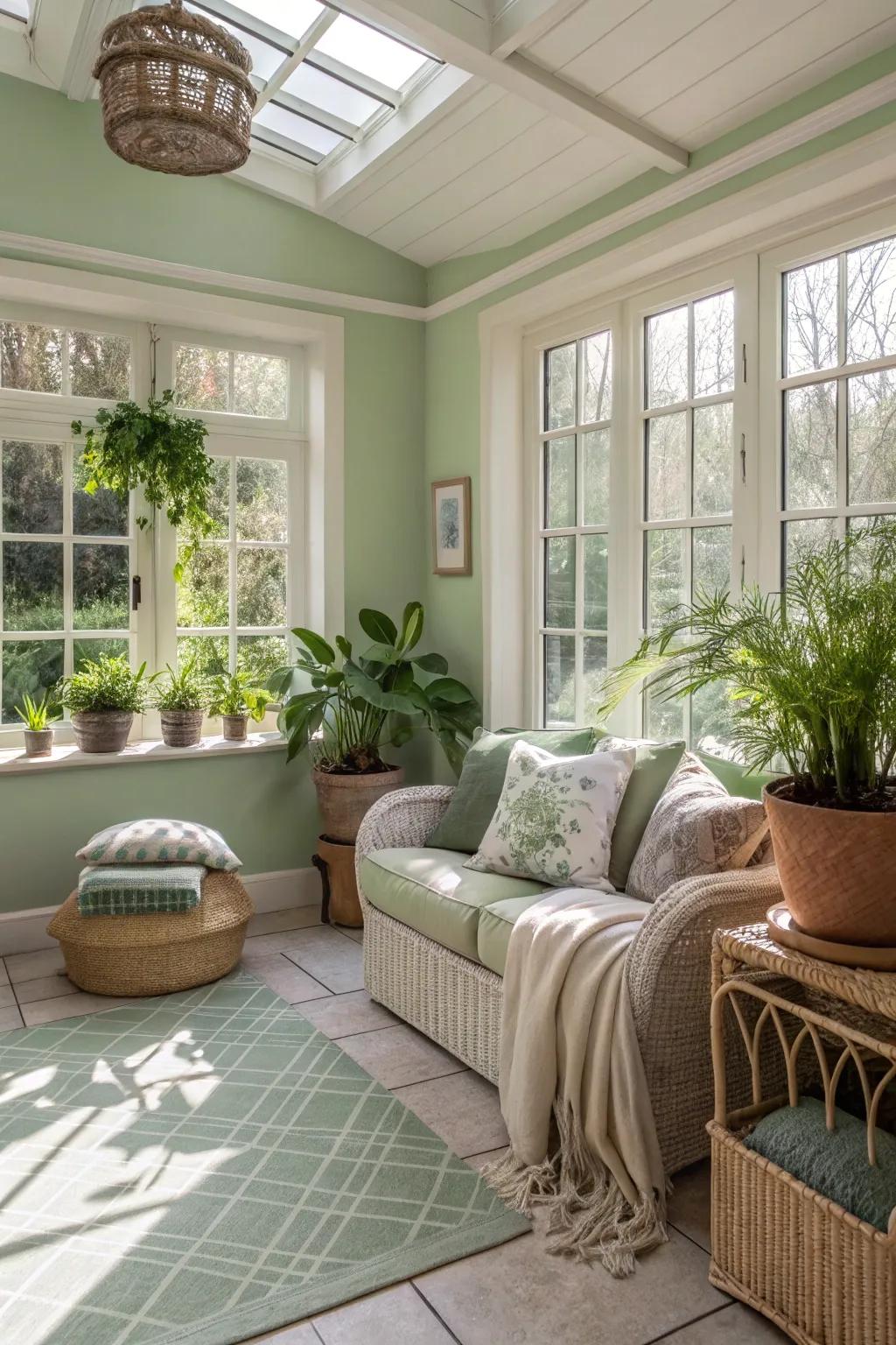 Herbal walls lending a subtle and calming presence to the sunroom.