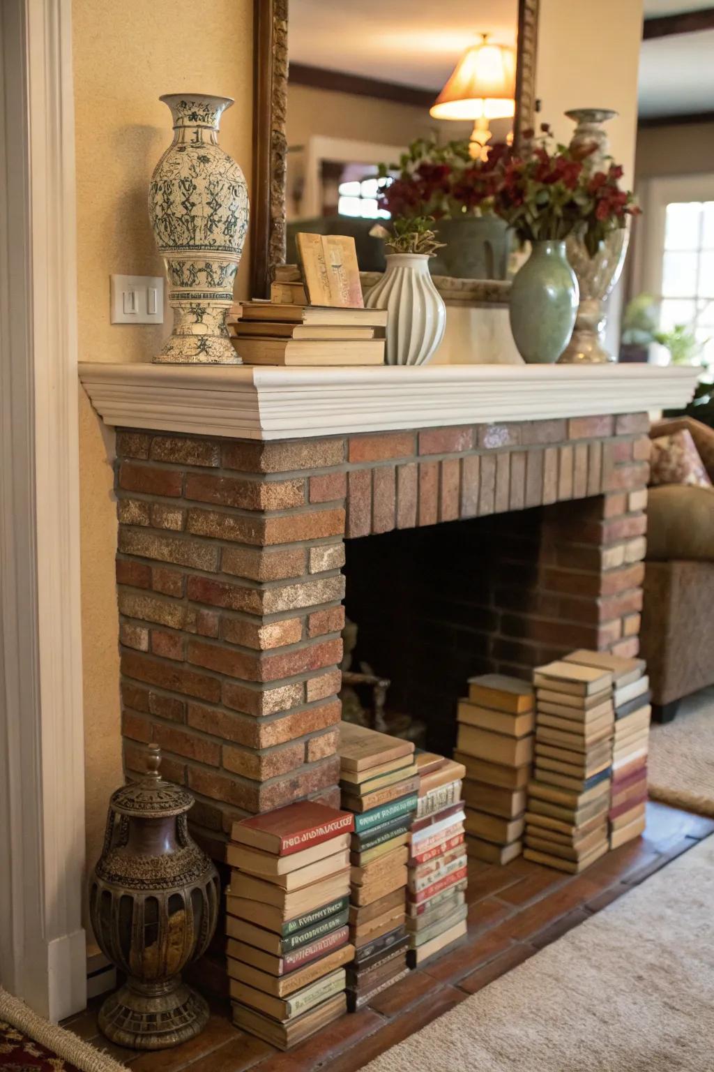 An empty fireplace evolves into an artistic component.
