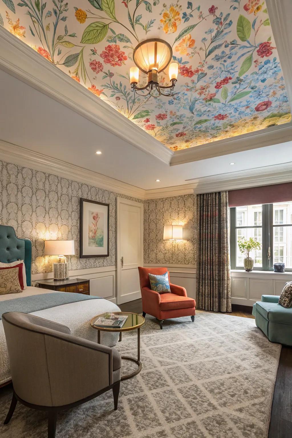 A stylish room showcases a tray ceiling adorned with vibrant wall covering.