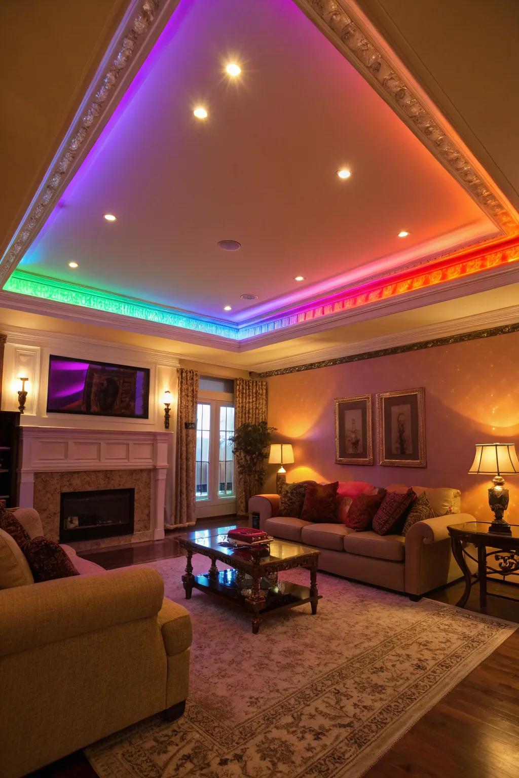 A vibrant living space showcases dynamic hue-changing lights in the tray ceiling.