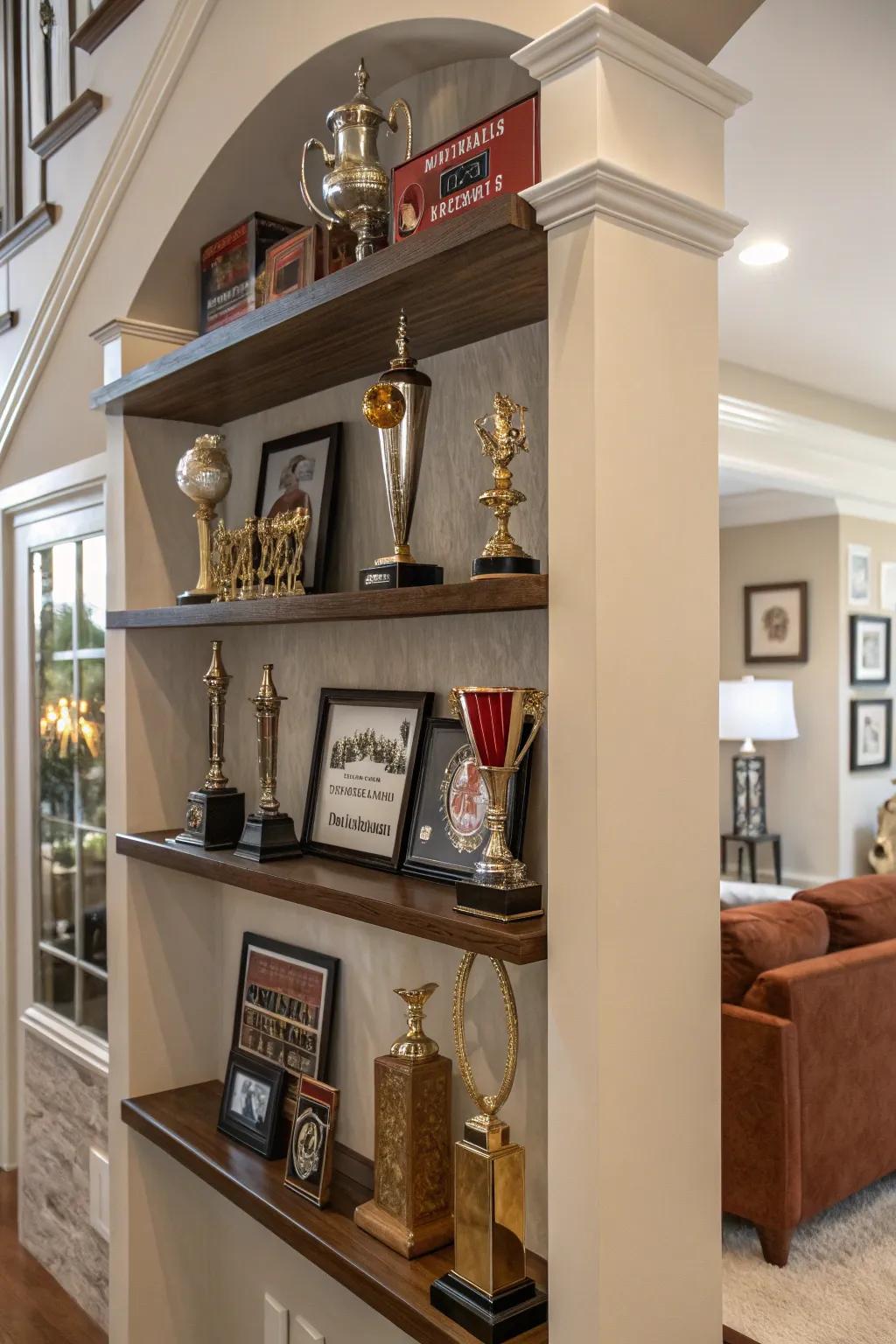 Decorative elements incorporated on trophy shelves
