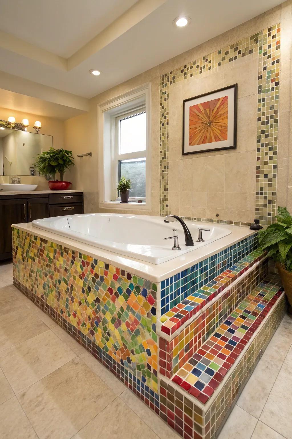 A tub deck transformed into an artistic masterpiece with mosaic tiny tiles.