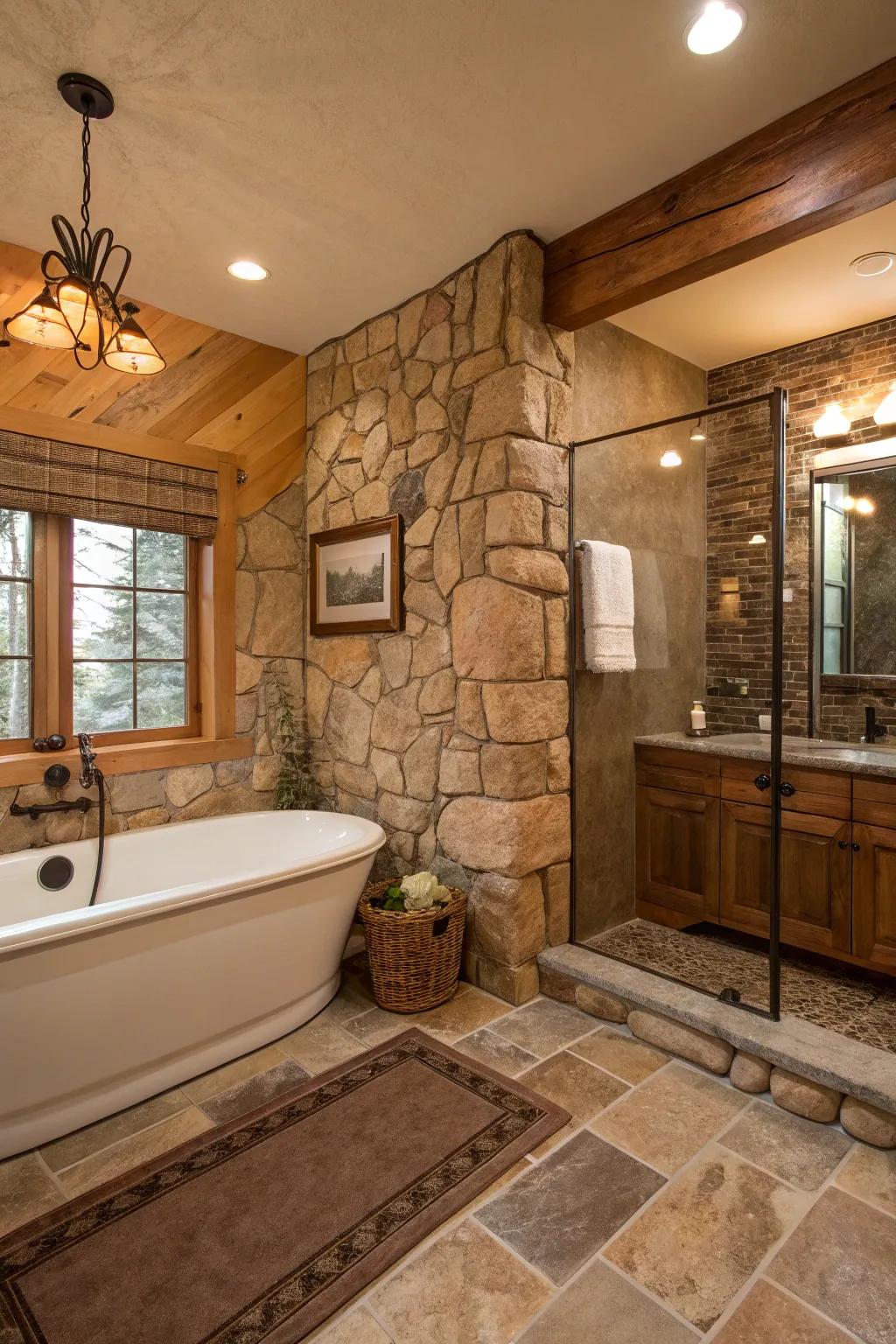 Raw stone components introduce the allure of the land to a contemporary tub-in-shower setting.