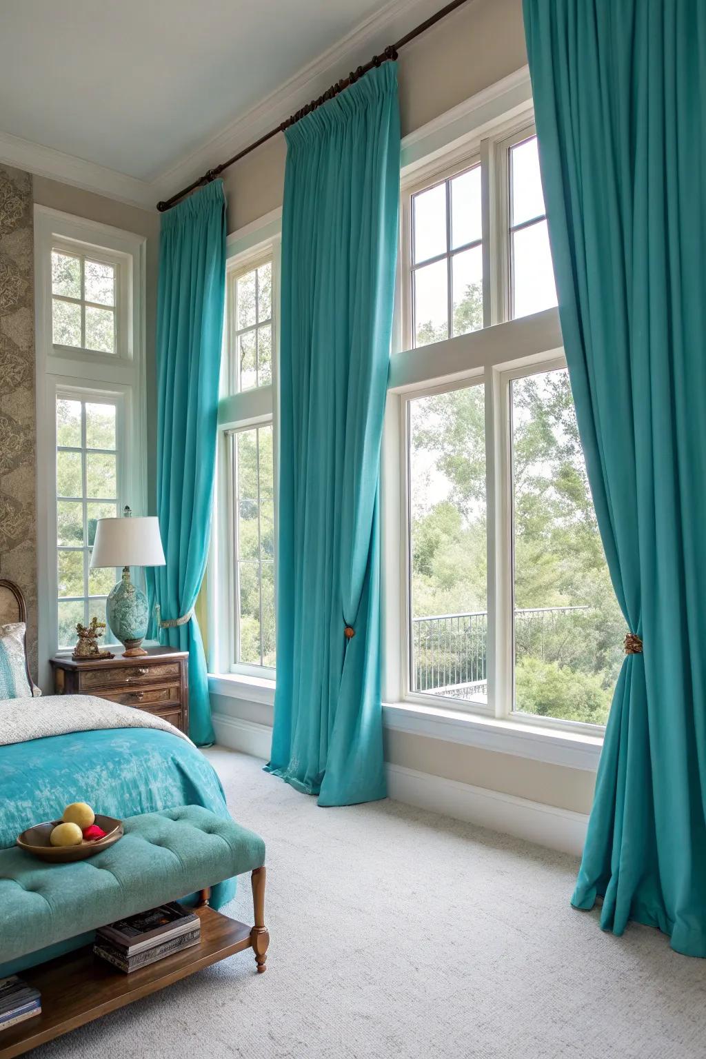 Turquoise curtains make a statement.