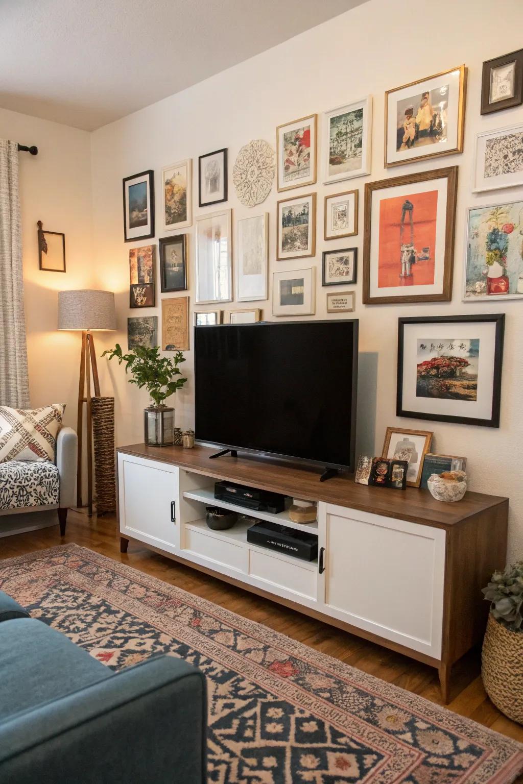 A varied gallery of wall art arranged around a media console.
