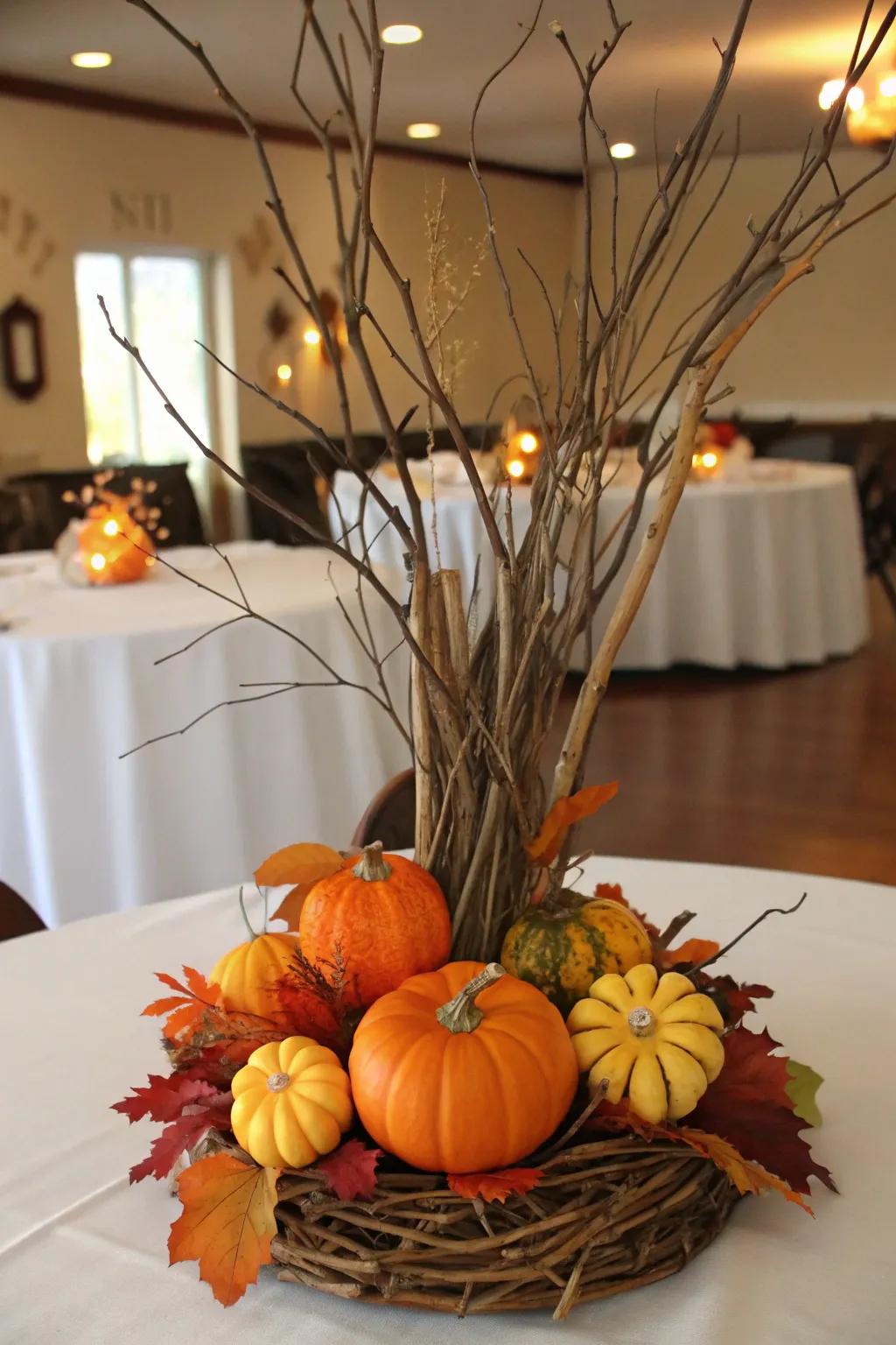 A charming autumnal centerpiece featuring branches and squashes.