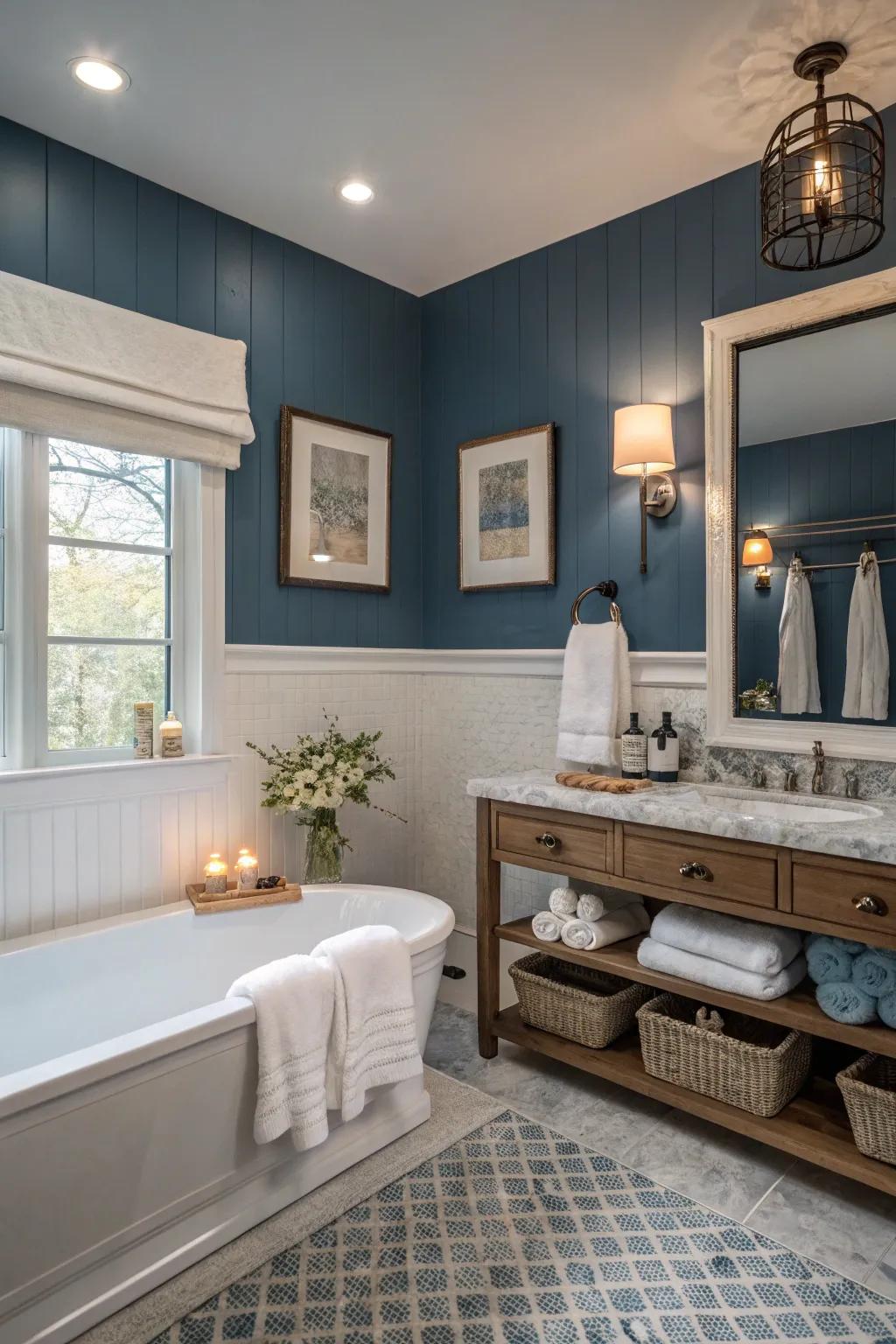 An atmospheric blue and white two-tone wall design which encourages a soothing ambiance.