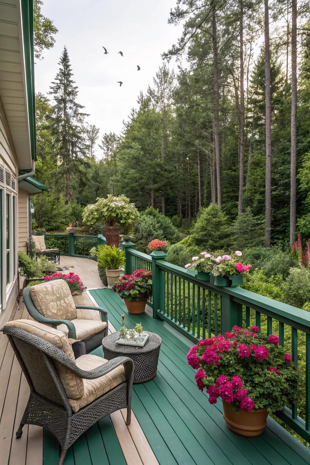Jewel green and taupe bring a vibrant and elegant touch to your deck.