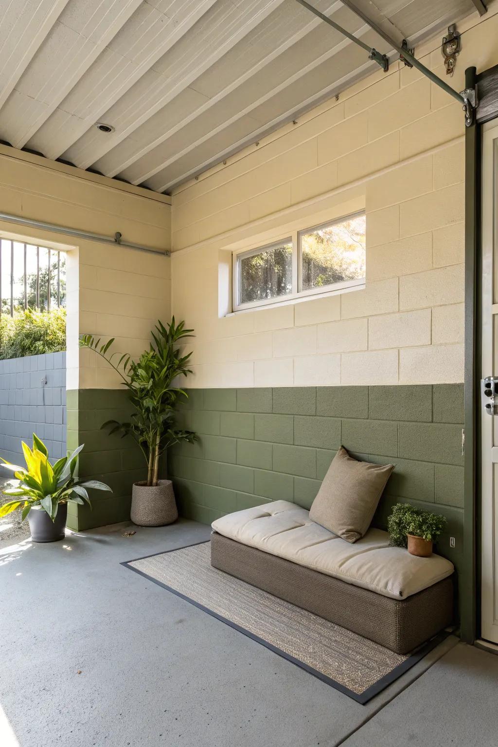 Beige and olive create a sophisticated, calming garage atmosphere.