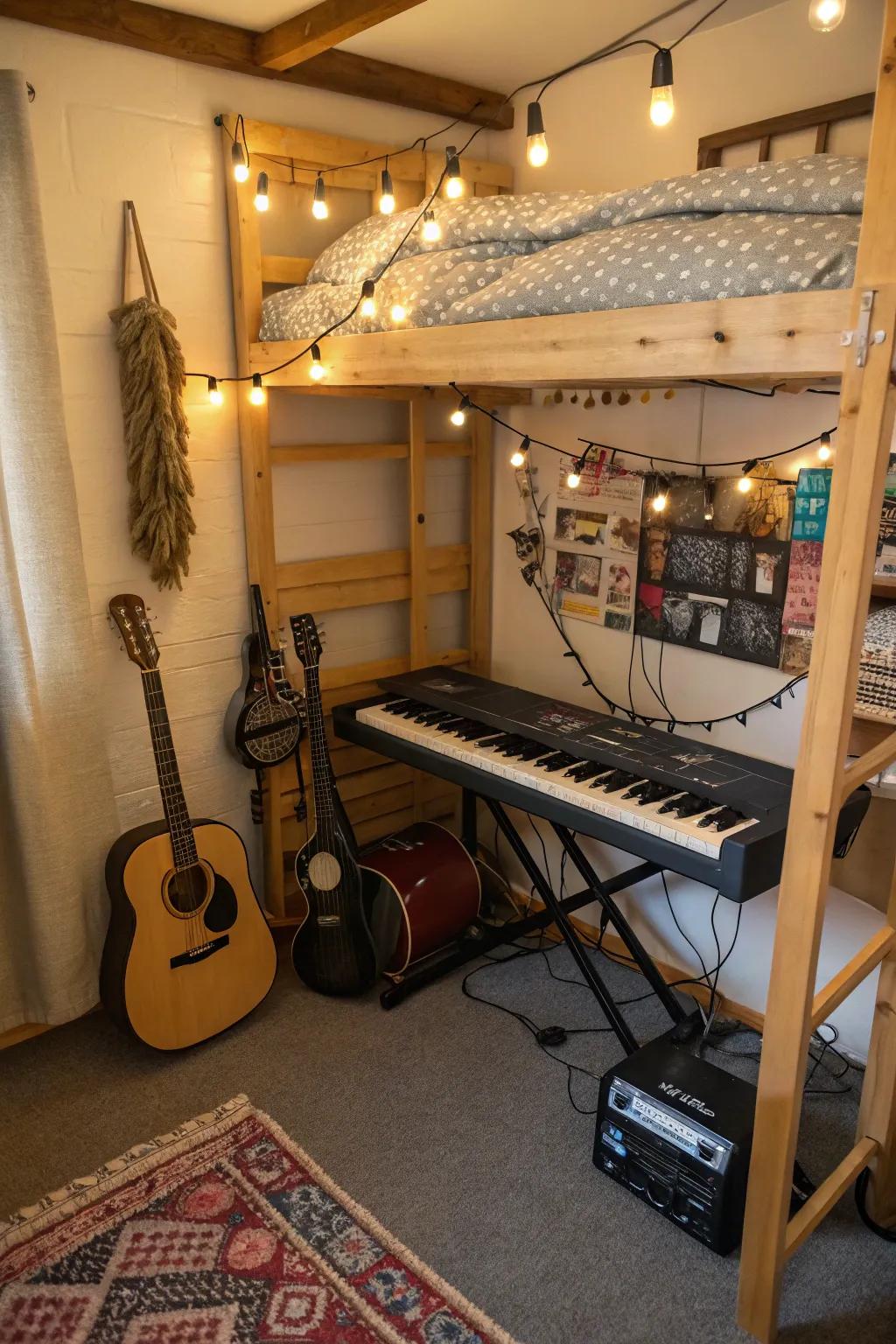 A creative music space underneath the bunk bed.