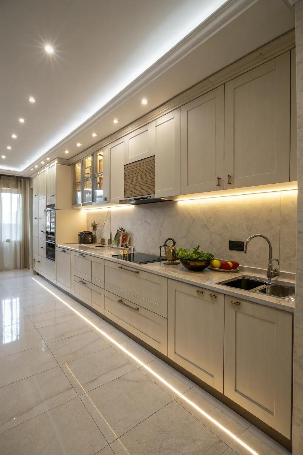 Elongated lamps offer consistent radiance, improving kitchen workspaces.