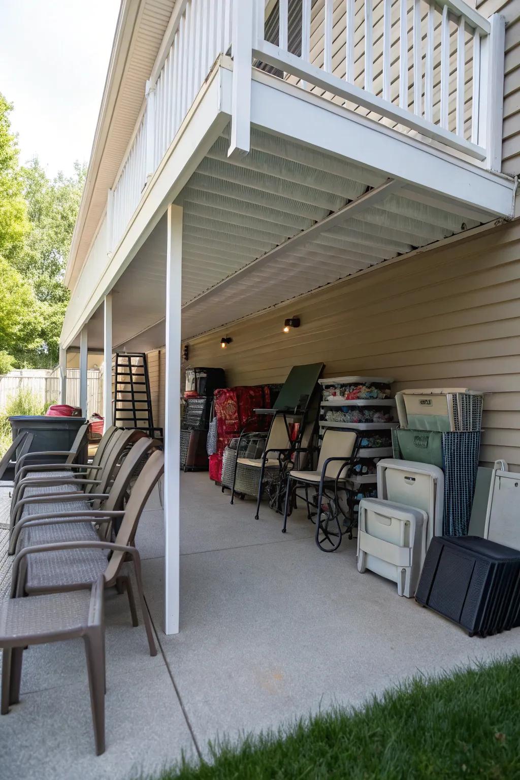 Stow patio furniture beneath the deck to retain your outdoor space organized.