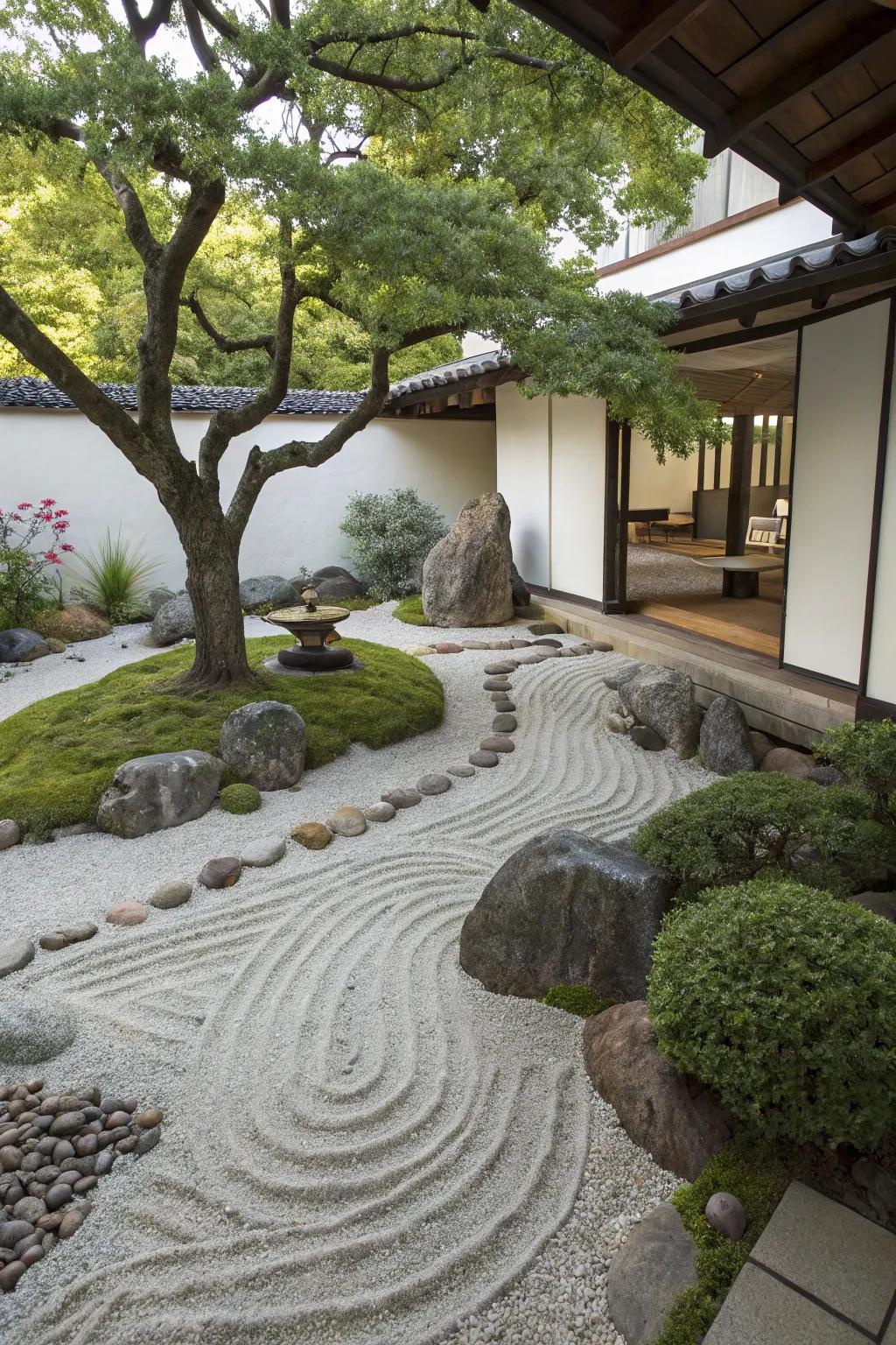 A Zen garden corner extends a serene escape beneath the tree.