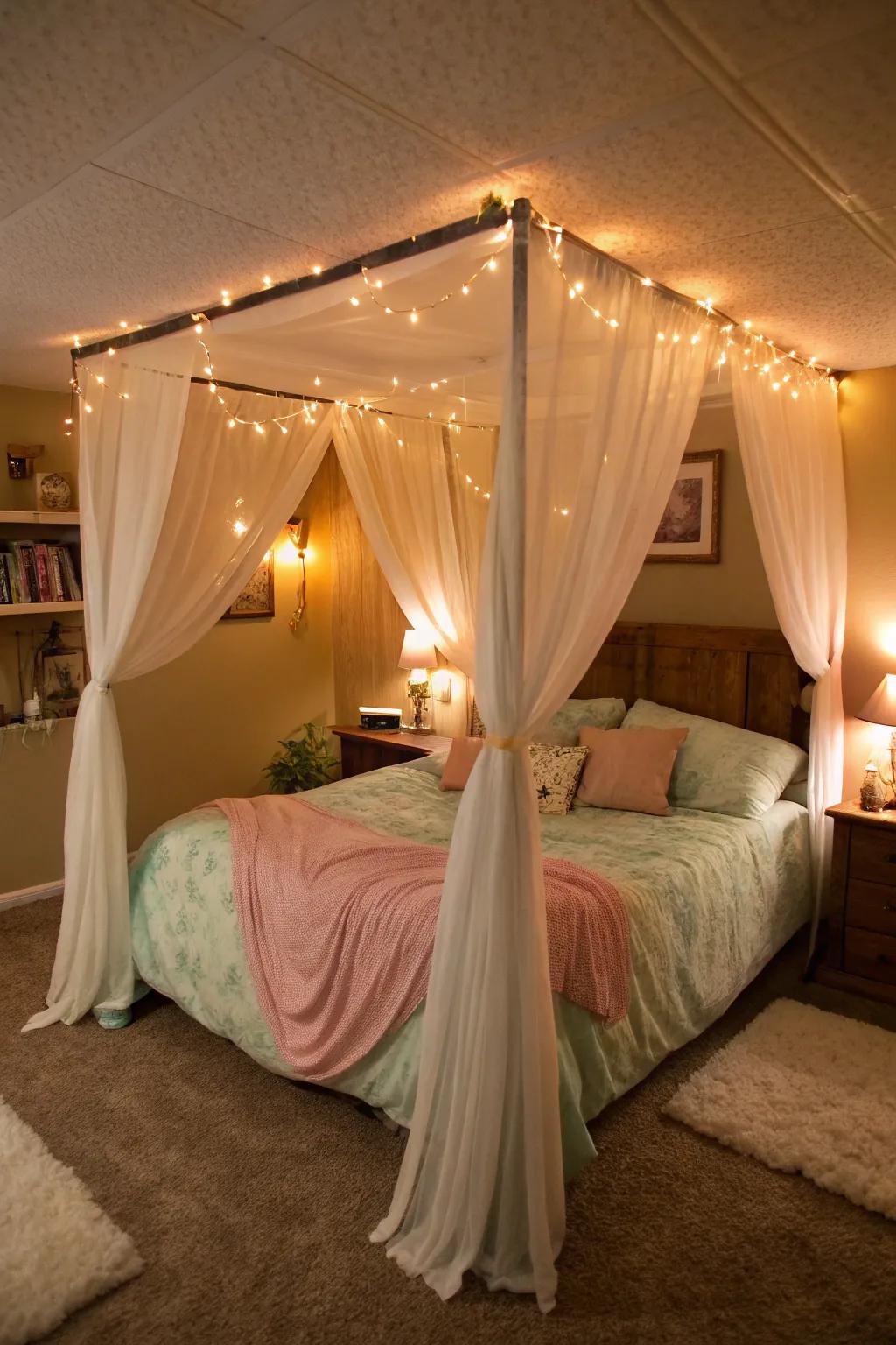 A canopy can infuse intimacy and coziness into your basement bedroom.