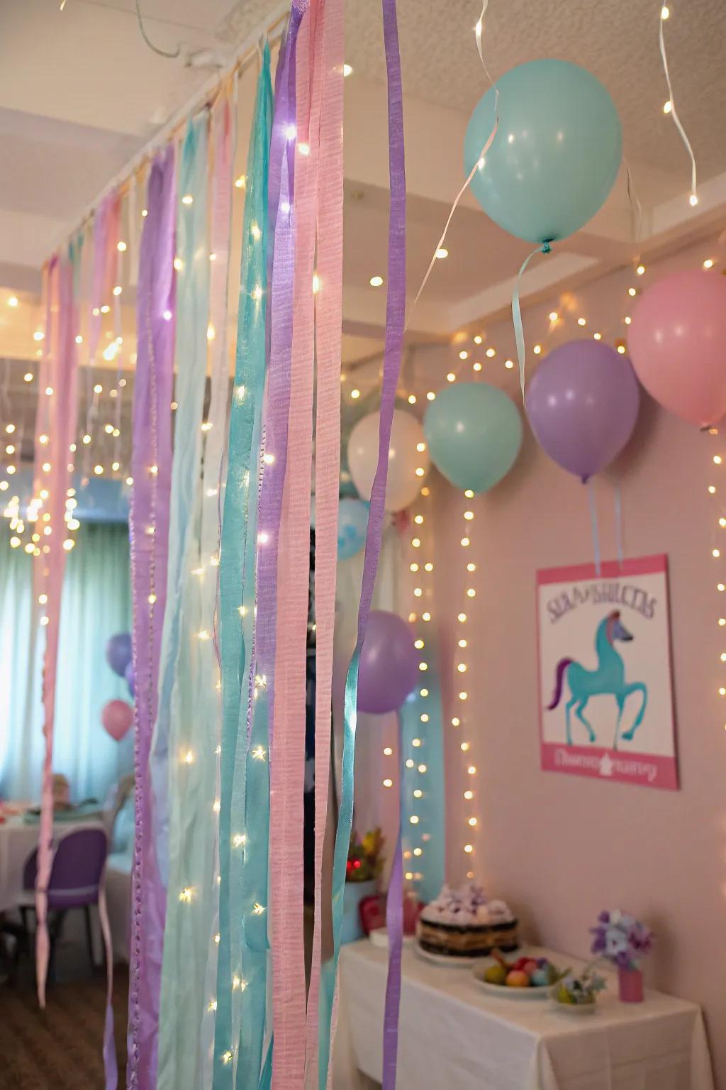 Enchanting unicorn decorations with pastel streamers and fairy lights.