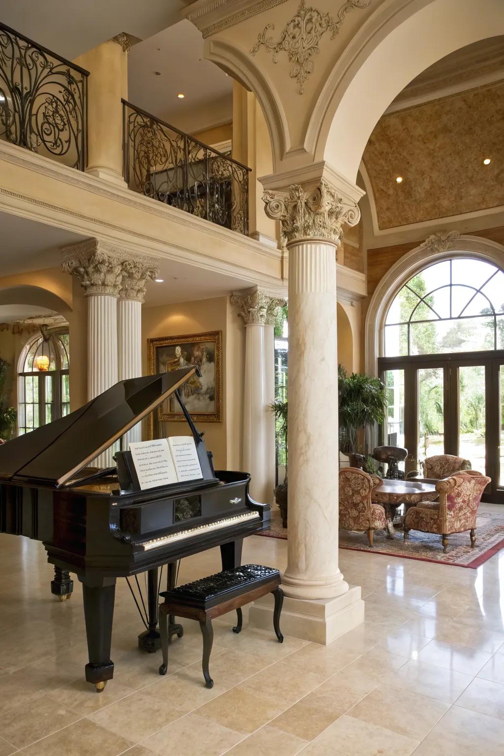 A grand living space featuring an upright piano enhanced with moldings and columns.
