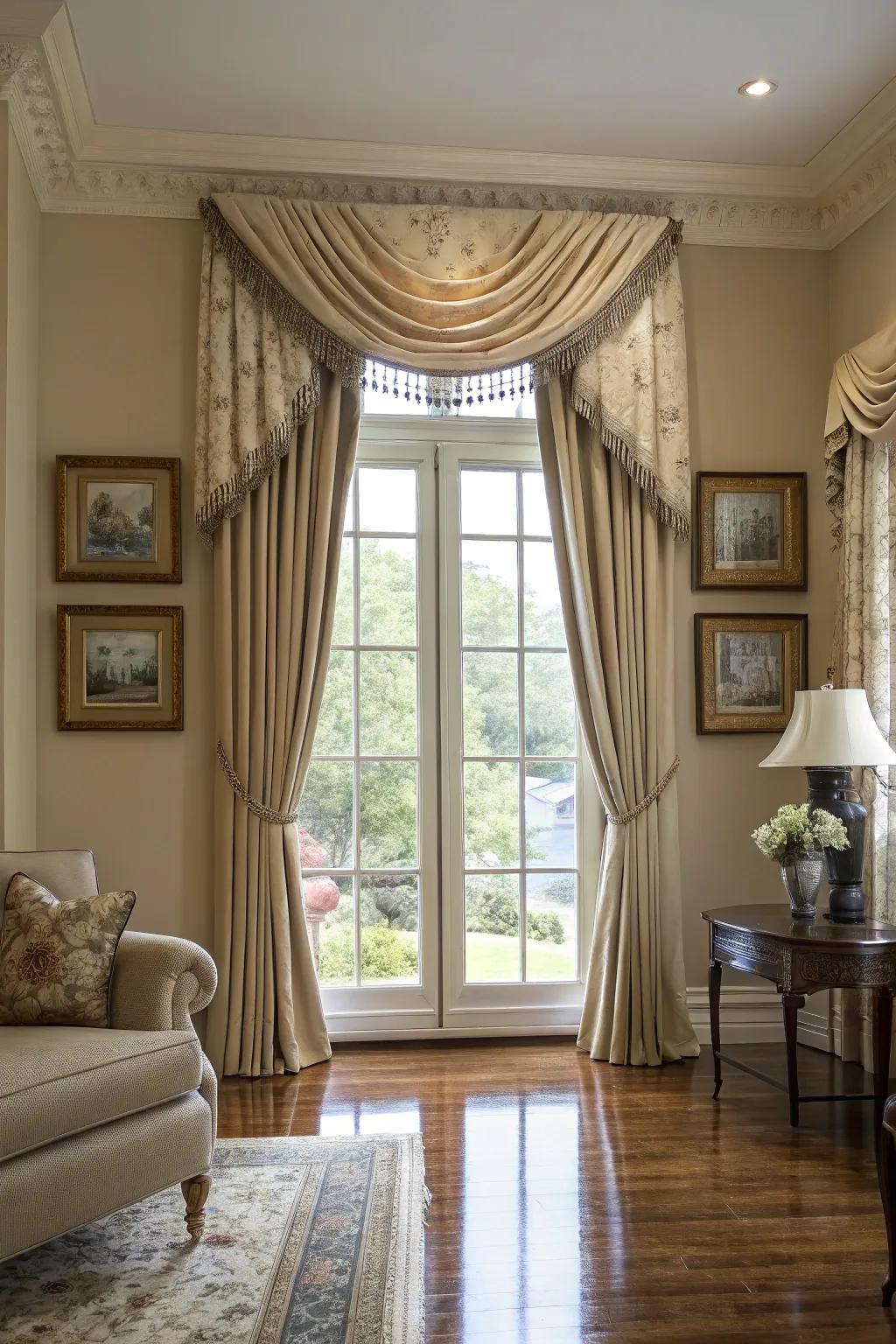 A window featuring a neutral-colored valance within a sophisticated living space.