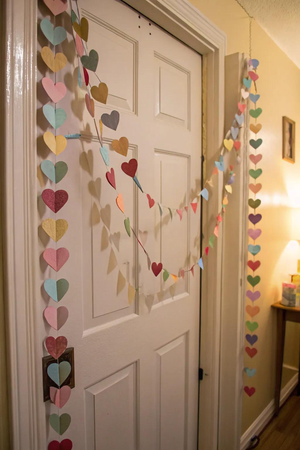 A DIY parchment heart festoon introduces a personal and playful accent to your entrance.