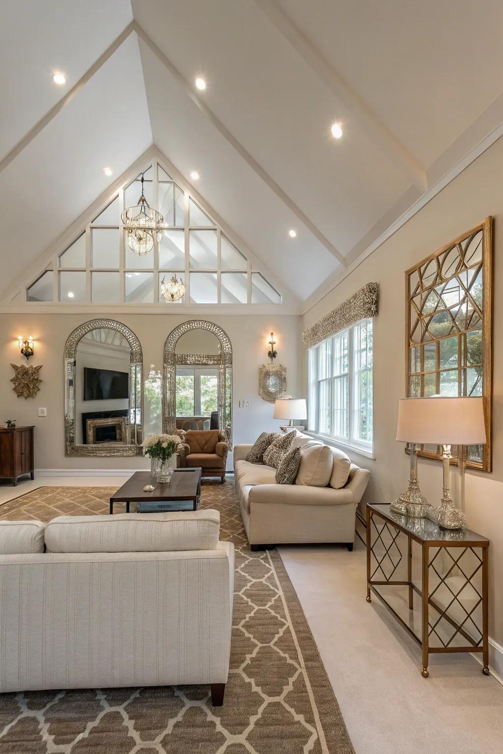 Living room featuring a vaulted ceiling and a mirrored accent wall