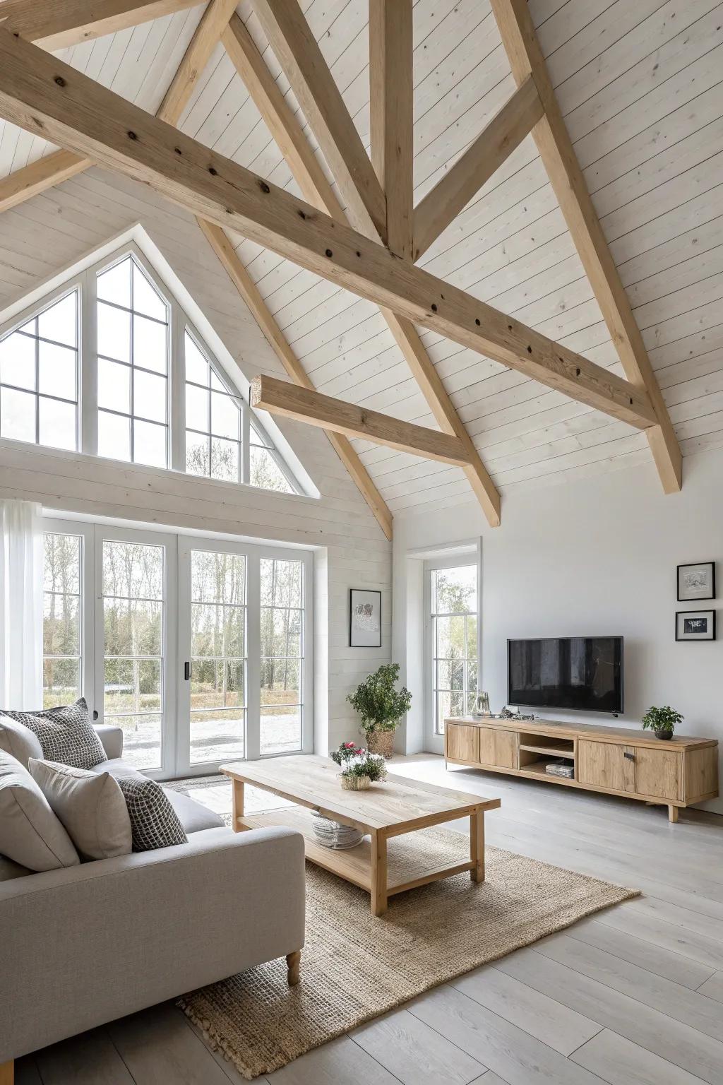 Nordic simple tones embodied through pale wood beams emphasizing a vaulted ceiling.