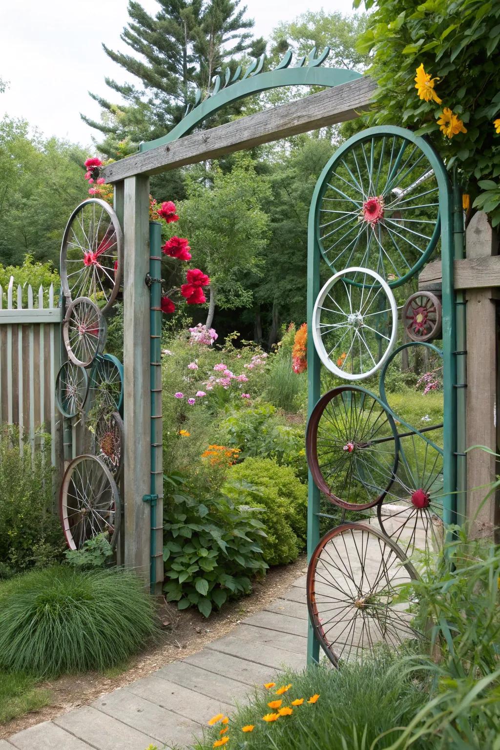 A creative entrance featuring upcycled two-wheeler circles.