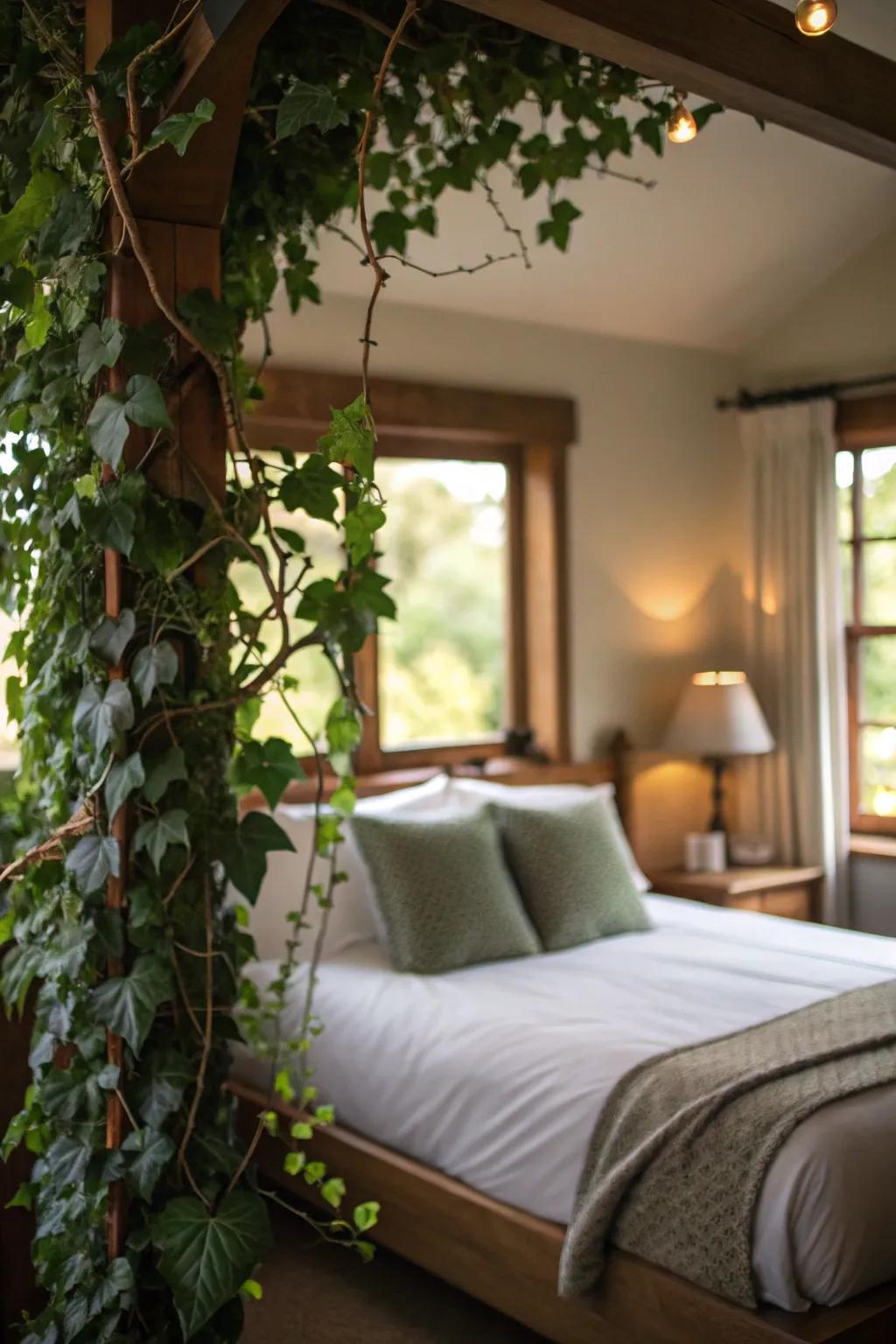 Introduce organic refinement to your bedroom with vines as a headboard accent.