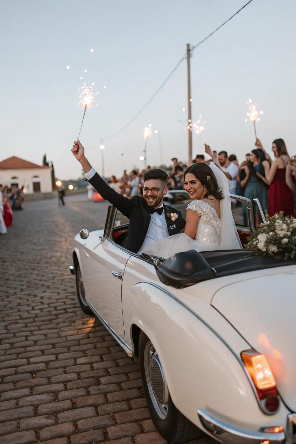 A couple departs in style in a heritage convertible.