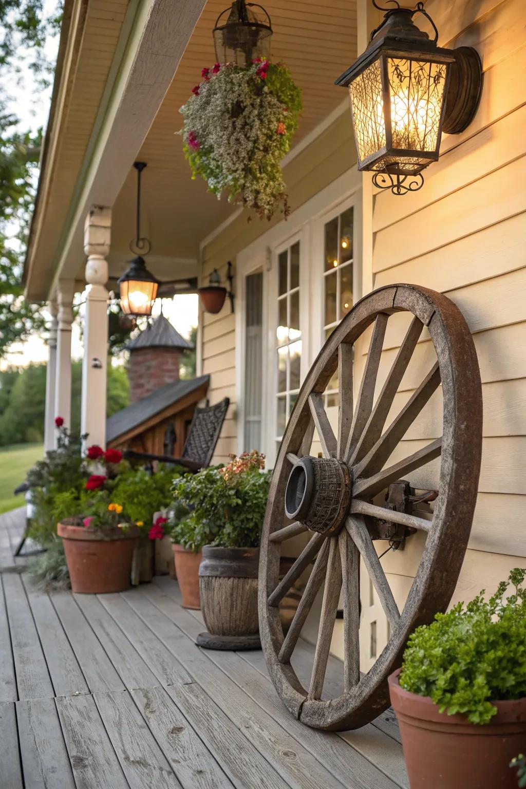 A carriage wheel serving as the centerpiece of a welcoming front vestibule arrangement.
