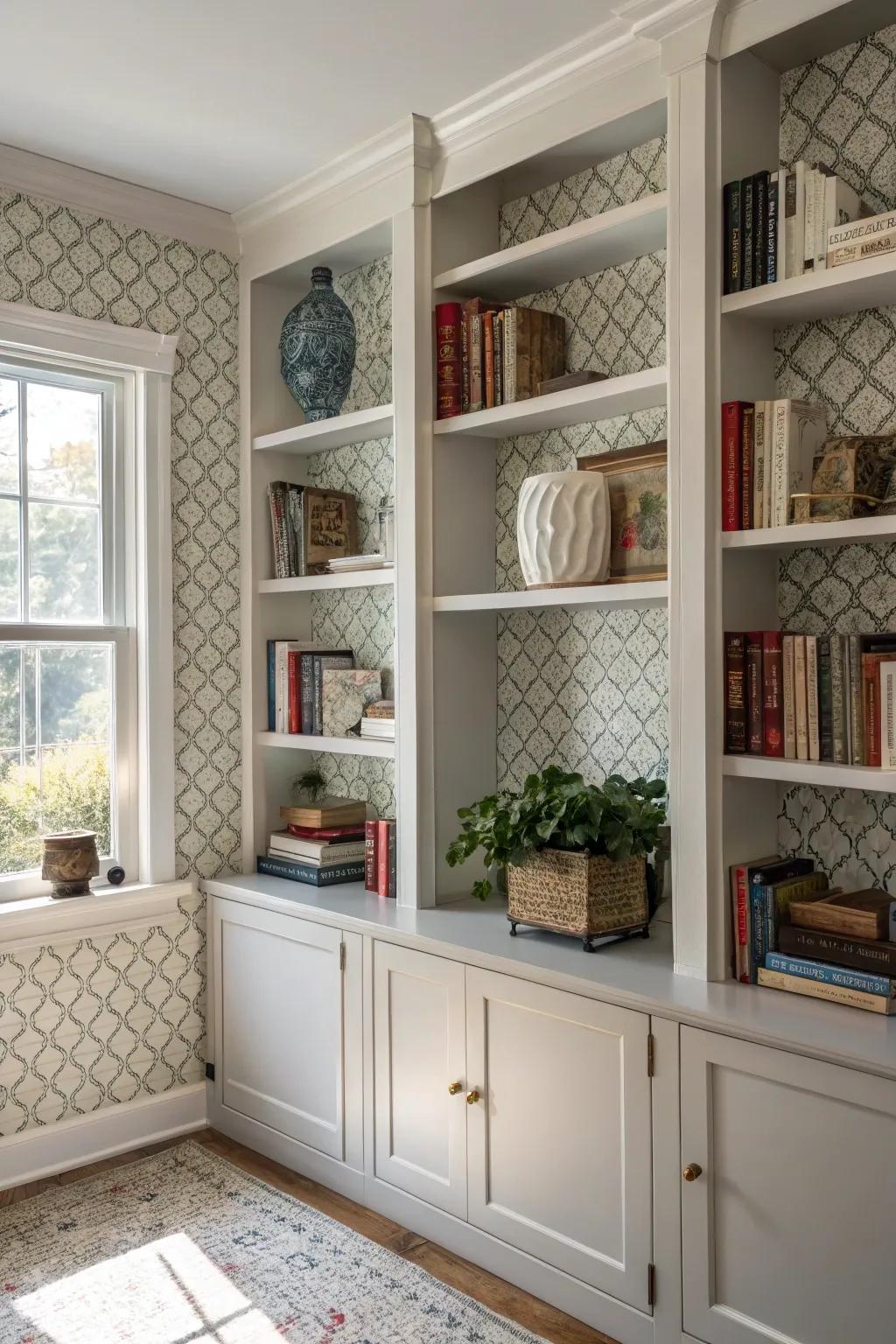 Elaborate wall covering integrations impart flair and depth to your shelving constructs.
