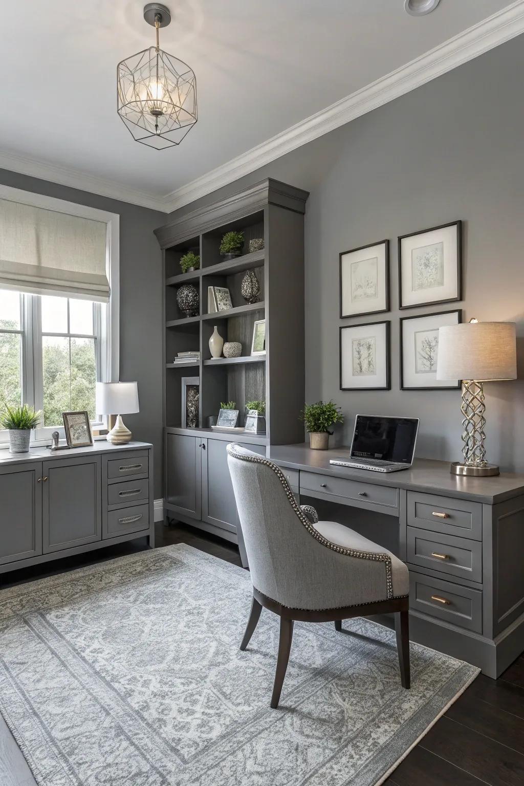 A uniform gray scheme in a stylish home office.